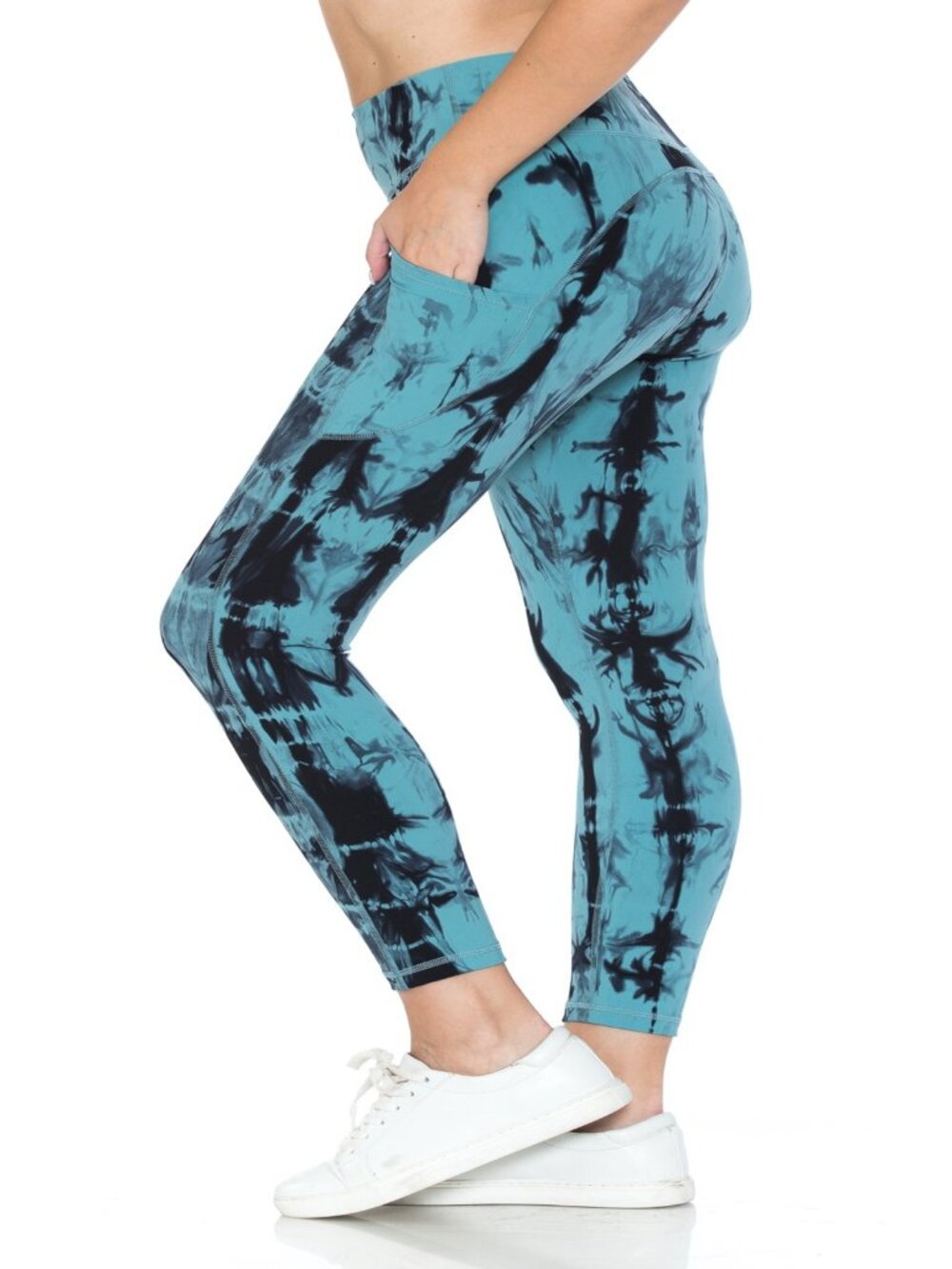 Women Premium 240GSM 7/8 Length Leggings w/Pockets Tie Dye Aqua/Blk S-XL